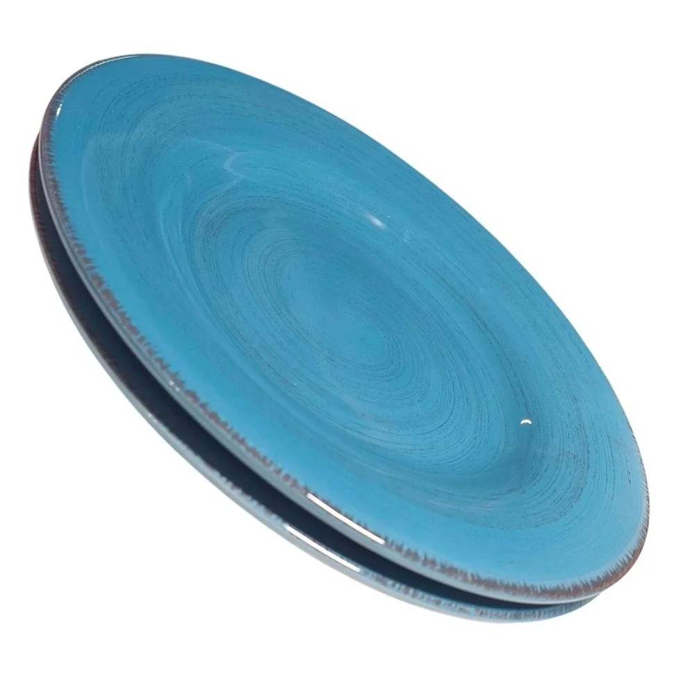 Tag Set of 2 Teal Blue Stoneware Dinner Plates Rustic‎ Glazed Dishware perfect